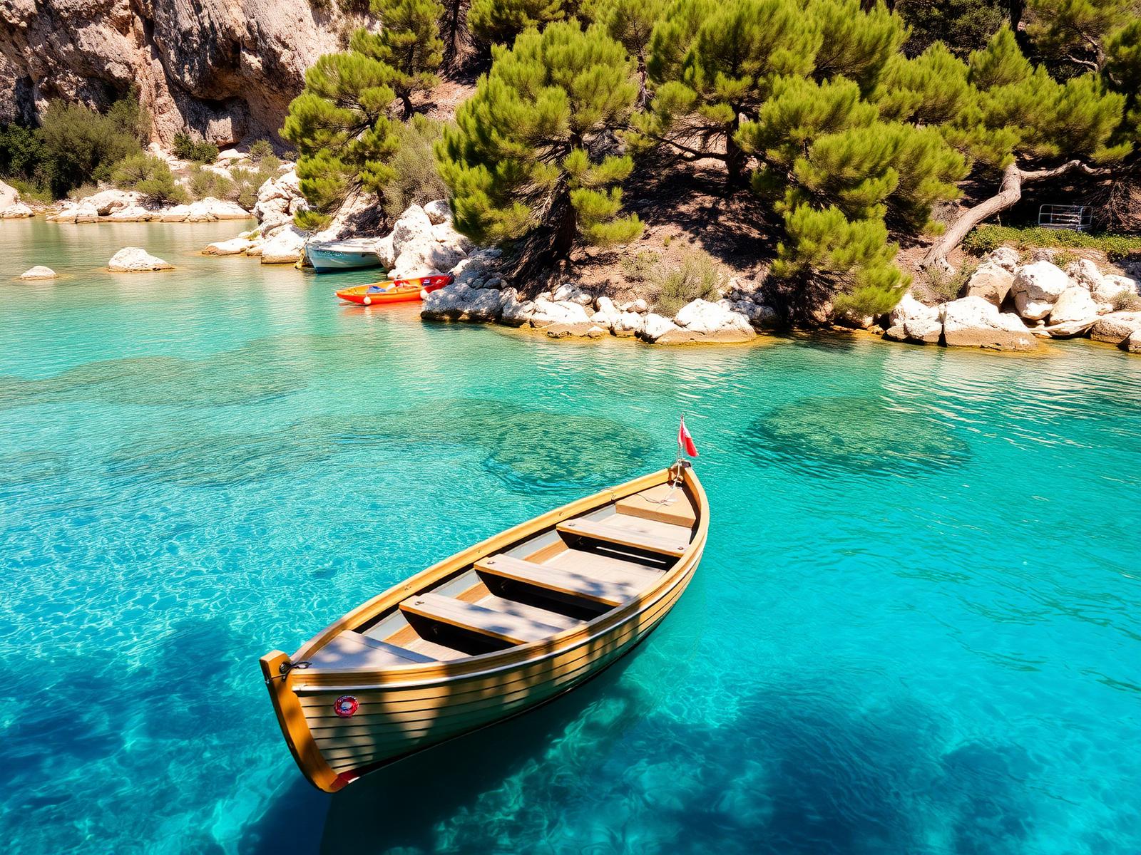 A wooden boat in a clear Adriatic cove