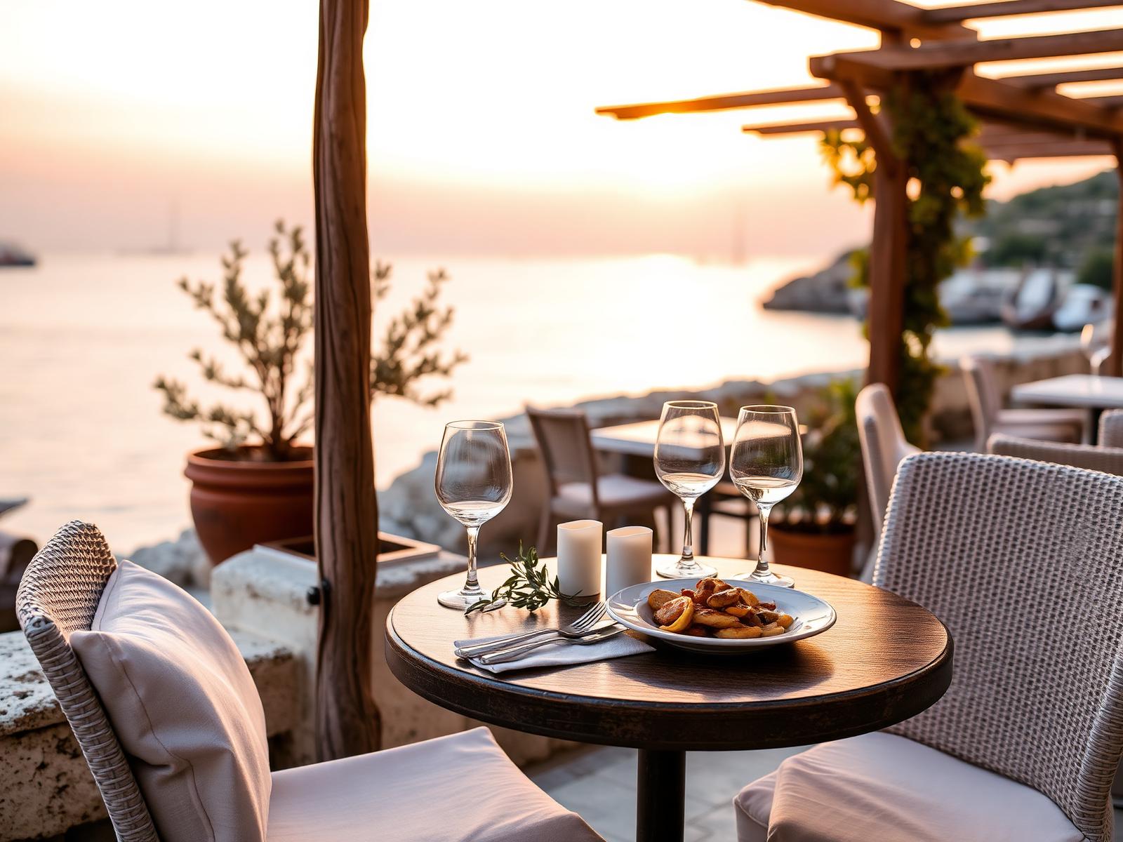Sun loungers and outdoor dining at Olive Lounge House at sunset